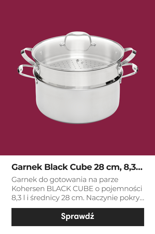 Garnek Kohersen z dodatkową funkcją gotowania na parze z serii naczyń Black Cube wyposażony w powłokę DIAMOND o średnicy 28 cm i pojemności 8,3 litra