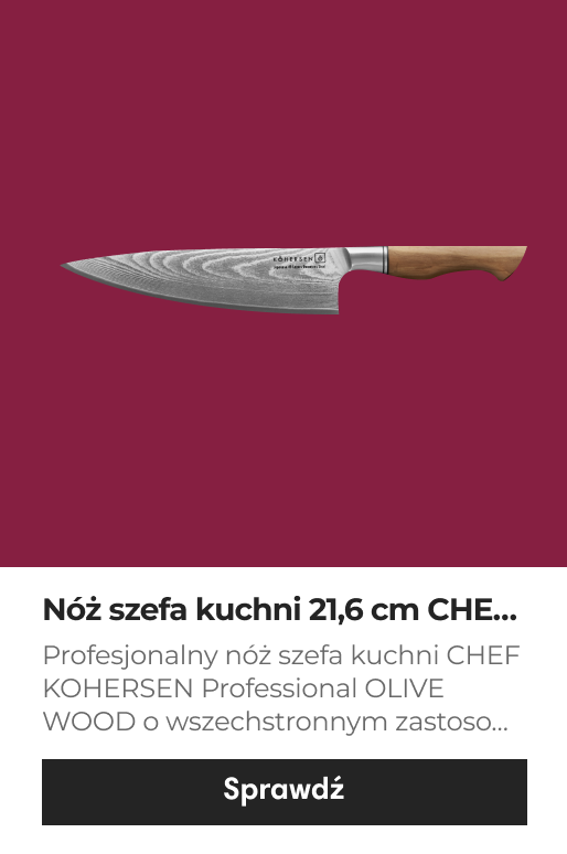 Profesjonalny nóż szefa kuchni (CHEF) KOHERSEN z serii Professional Olive WOOD o długości 21,6 cm wykonany jest z włoskiego drewna oliwnego i japońskiej stali damasceńskiej, a przeznaczony jest do cięcia, siekania i porcjowania mięsa, ryb, warzyw, owoców i ziół