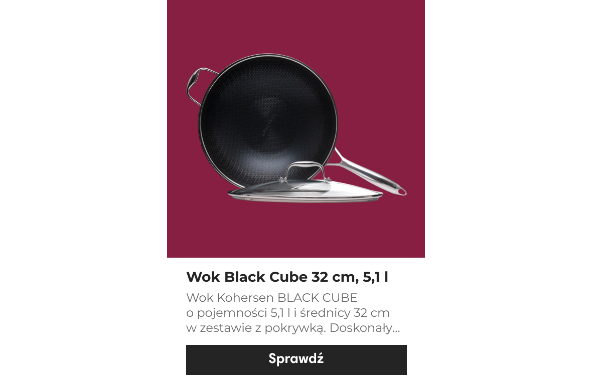 Wok Kohersen BLACK CUBE o pojemności 5,1 l i średnicy 32 cm w zestawie z pokrywką. Doskonały do przyrządzania dań kuchni azjatyckiej. Naczynie pokryte jest dwustronną, nieprzywierającą powłoką BLACK CUBE, wyjątkowo odporną na zarysowania.